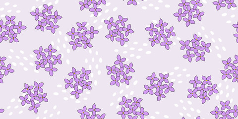 Seamless pattern with lilac, hydrangea or bluet flowers and abstract drops on violet, vector