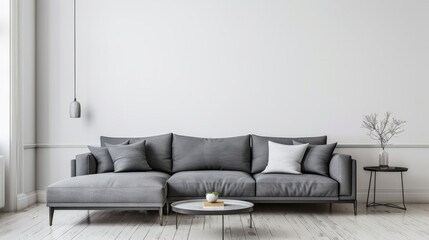 Scandinavian style interior with gray sofa. Minimalist interior design.