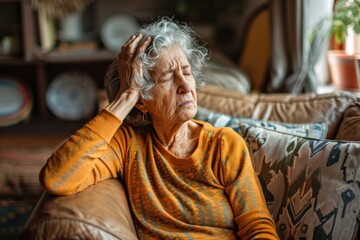 Portrait of a dizzy elderly woman at home - obrazy, fototapety, plakaty