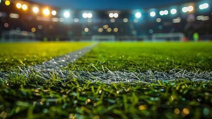 Grass field in a soccer stadium, spotlights shining on the field at night.