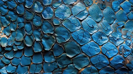 This is a close-up image of a textured surface with cracked blue paint