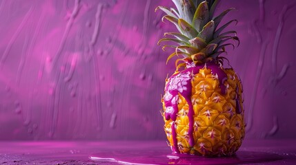 A tropical pineapple partially coated with glossy purple paint against a textured pink background,...
