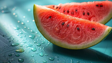 Vibrant watermelon slices with black seeds on a turquoise surface dotted with water droplets, suggesting freshness and summer vibes.