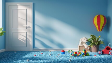 Fototapeta na wymiar blue room with toys, hot air balloon and closed door generative ai