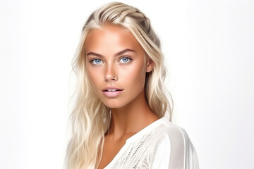 Naklejka premium Attractive beautiful gorgeous Scandinavian skinny tanned model on white background.