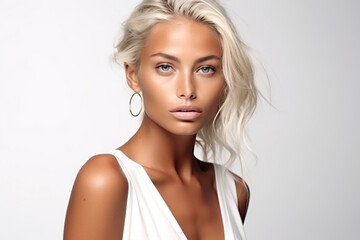Fototapeta premium Attractive beautiful gorgeous Scandinavian skinny tanned model on white background.