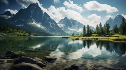 Fototapeta premium Picturesque lake with towering mountain peaks in scenic view