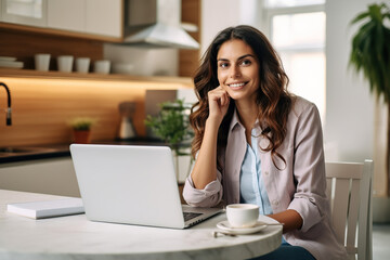 Obraz premium Female entrepreneur talking over mobile phone and looking at camera while working over laptop at home