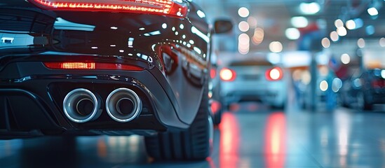Close up of a car in a showroom, a detail shot of the back end with exhaust pipes and tail lights, a blurred background showing other cars. with copy space fr add text. - obrazy, fototapety, plakaty