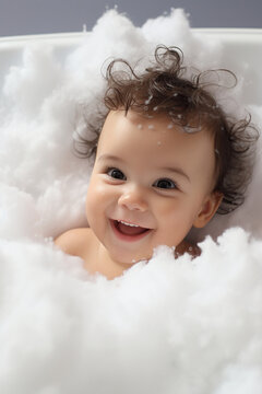Extreme close up, Cute baby in bathtub with foam