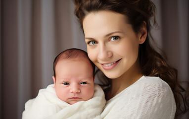 Fototapeta na wymiar Portrait of pretty woman holding a newborn baby