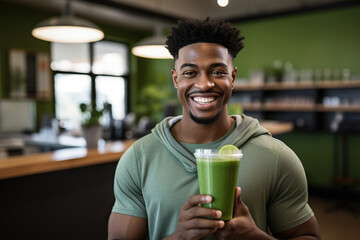 Portrait of smiling African American man holding green smoothie in fitness studio - Powered by Adobe