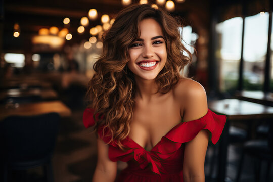 Beautiful young woman in red dress in a cafe