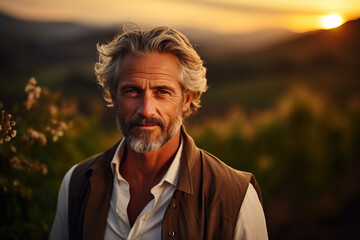 Portrait of a handsome mature man in a vineyard at sunset