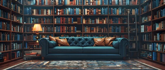 Library bookshelves filled with books cozy reading nook with a sofa creating a bookish atmosphere. Concept Cozy Reading Nook, Library Bookshelves, Bookish Atmosphere, Sofa, Filled with Books - obrazy, fototapety, plakaty