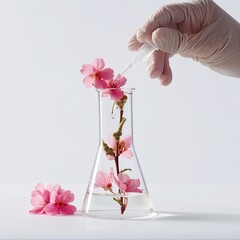 laboratory flask containing pink blossoms 
