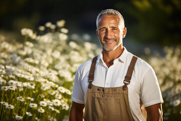 Obraz premium Portrait of a smiling farmer standing in a field of daisies