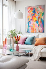A large flat living room, white Nordic style, designing dreamy furniture, vibrant colorful color