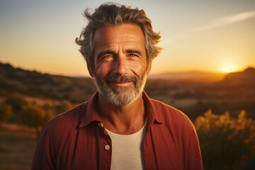 Portrait of a handsome mature man in a vineyard at sunset