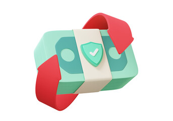 Shield checkmark banknotes cashback red arrow transaction concept. Online payments floating on transparent background. pay money refund, minimal cartoon style. 3d render illustration
