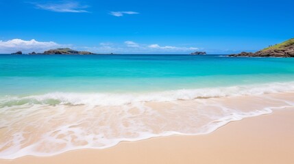 Pristine waters and sandy beach with blue sky in the background