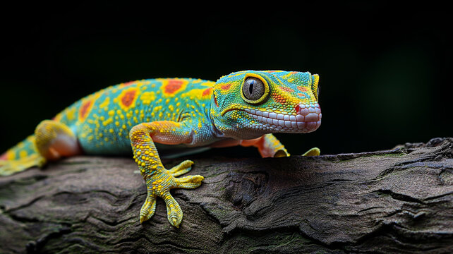 Colorful gecko lizard, gecko lizard on a thick tree branch, 100% black studio background