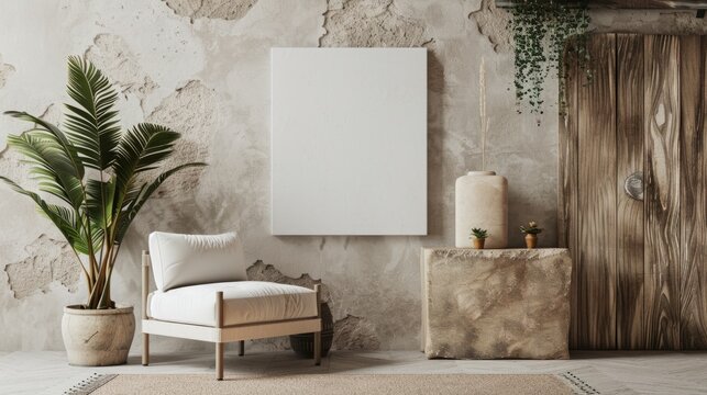 minimalist interior background with armchair and rustic decoration generative ai