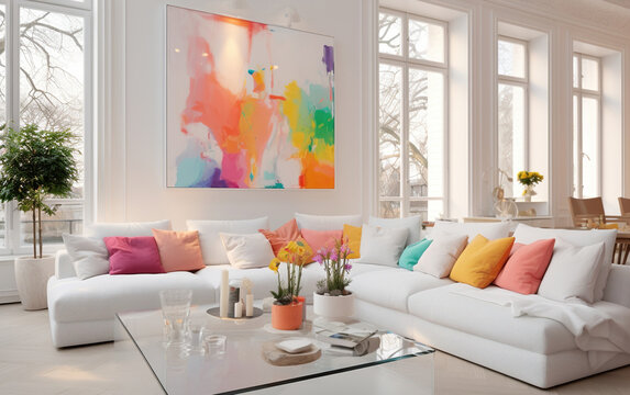 A large flat living room, white Nordic style, designing dreamy furniture, vibrant colorful color