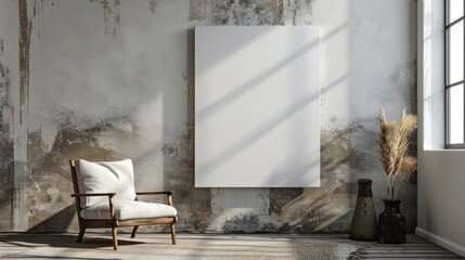 minimalist interior background with armchair and rustic decoration generative ai