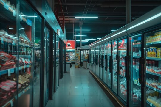 Frozen goods area in a supermarket, long refrigerated display cases with goods in the store
