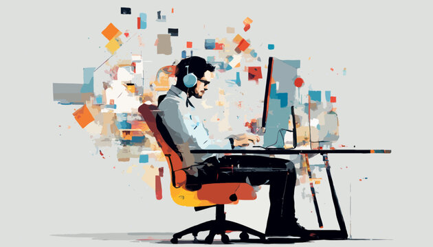 Ein Softwareentwickler sitzt an seinem Computer. Mit Kopfh&ouml;rern ist er in die Arbeit vertieft. Vektor - Grafik