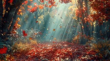 A magical forest scene adorned with vibrant autumn foliage, with sunlight filtering through the trees to create a warm and inviting atmosphere.