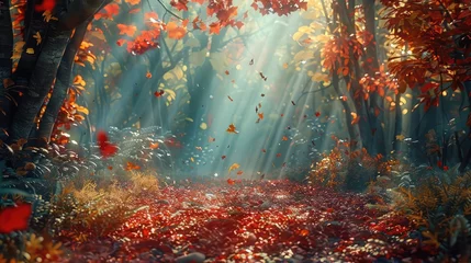 Poster A magical forest scene adorned with vibrant autumn foliage, with sunlight filtering through the trees to create a warm and inviting atmosphere. © sania