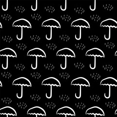 Hand drawn umbrellas and abstract raindrops in brick row seamless pattern. Black and white. Print, fabric, textile, web