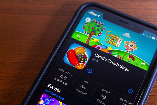 Vancouver, CANADA - Apr 1 2024 : Candy Crush Saga app seen in App Store on an iPhone screen. Candy Crush Saga is a free-to-play tile-matching video game released by King for iOS and Android