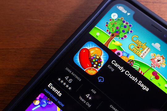 Vancouver, CANADA - Apr 1 2024 : Candy Crush Saga app seen in App Store on an iPhone screen. Candy Crush Saga is a free-to-play tile-matching video game released by King for iOS and Android