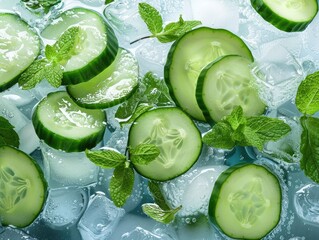A refreshing scene of juicy cucumber slices and mint leaves floating in ice-cold water