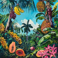 A vibrant painting of a tropical paradise filled with juicy fruits hanging from the trees
