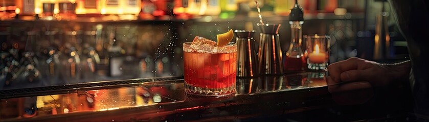 An atmospheric bar scene with a juicy cocktail being expertly mixed under moody lighting - obrazy, fototapety, plakaty