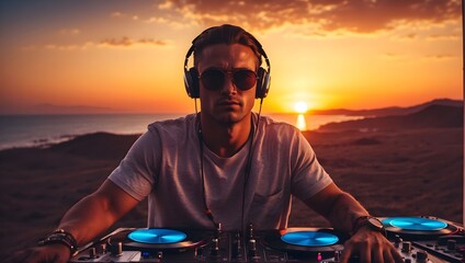 handsome dj playing at sunset, beach