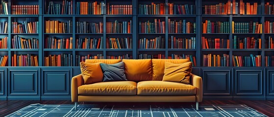 Library bookshelves filled with books cozy sofa for reading creating a bookish atmosphere in a bookstore. Concept Bookstore Ambiance, Cozy Reading Nooks, Library Aesthetics, Bookshelves Galore - obrazy, fototapety, plakaty