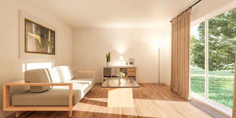 A spacious living room with large window 3d render illustration