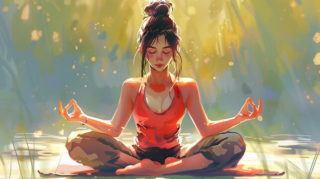 Artistic Style Painting Drawing of A Beautiful Girl Practicing Yoga Aspect 16:9