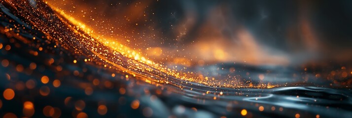 A mesmerizing long-exposure shot of bright golden sparks showering over a smooth, wavelike surface evoking wonder and the beauty of chaos - obrazy, fototapety, plakaty