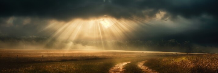 A breath-taking rural landscape where radiant sun rays break through ominous storm clouds illuminating a path on a field, symbolizing hope