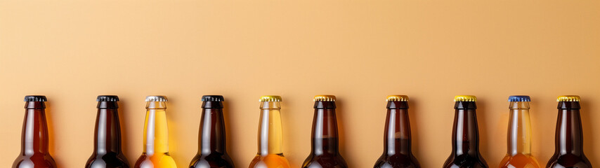 Beer bottles on a beige background, design for a drinks menu or an advertisement in a pub, created with generative AI technology 