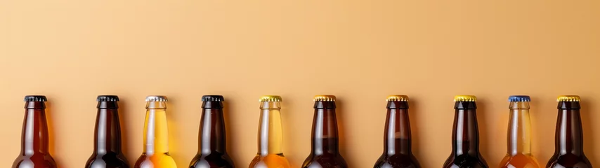 Foto op Plexiglas Beer bottles on a beige background, design for a drinks menu or an advertisement in a pub, created with generative AI technology  © christian