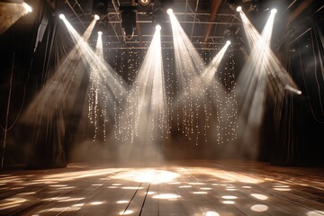 An empty stage with theatrical lights and fog creating a spectacular atmosphere for a dramatic...