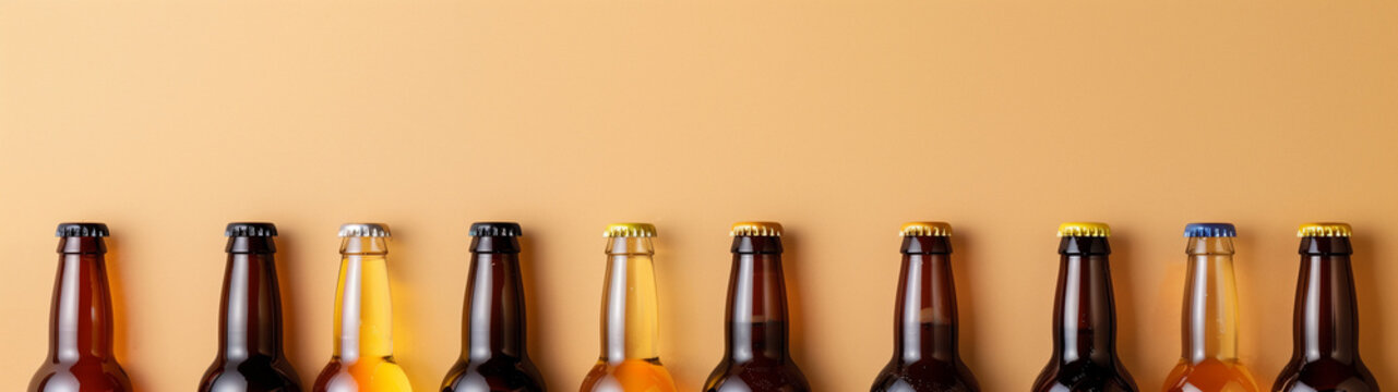 Beer bottles on a beige background, design for a drinks menu or an advertisement in a pub, created with generative AI technology 