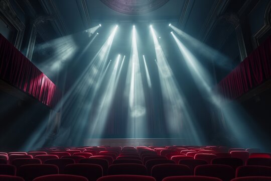 An empty theatre stage basks in dramatic lighting, hinting at imminent performance and anticipation